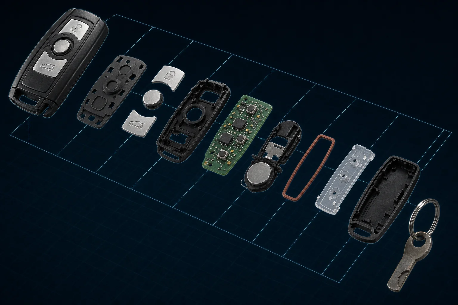 Exploded-view teardown of a car key fob with 18 labeled parts
