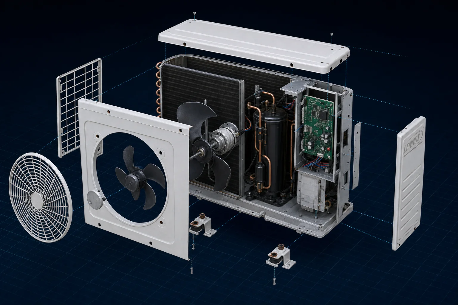Exploded-view teardown of a split air conditioner outdoor condenser unit with 18 labeled parts