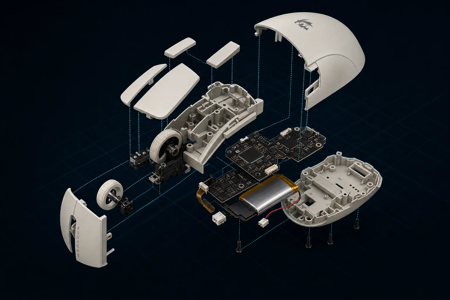Exploded-view teardown of a wireless gaming mouse with 18 labeled parts